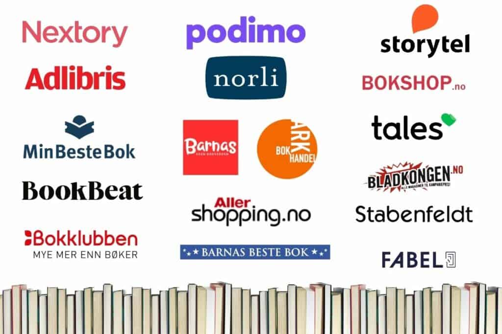 Bøker på rad og logoer fra alle de beste bokhandlene og lydboktjenestene på nett