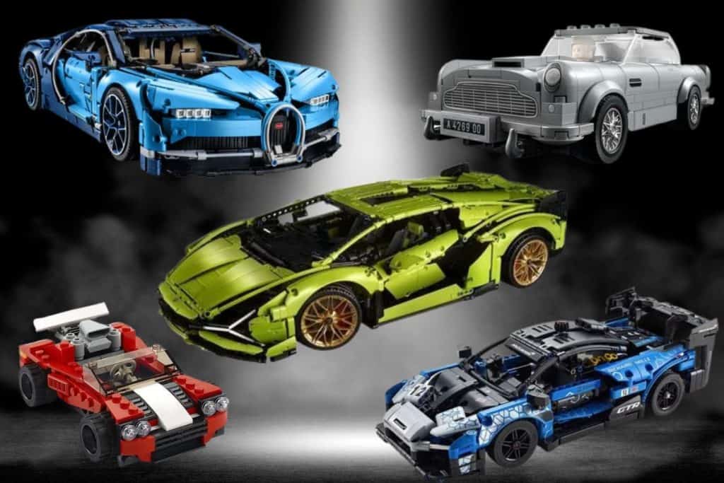 fem Lego-biler mot svart bakgrunn, med spotlights